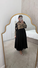 Load image into Gallery viewer, Chiffon frock style suit with sari draped duppata and hand embellishments and silk trouser. Eid collection. Party wear.