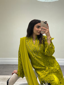Croatia suit with embellishments and trouser. Chiffon duppata. South Asian party wear suits