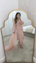 Load image into Gallery viewer, Korean raw silk suit with emrboidery and lace details. Organza duppata. Party wear. Eid collection.