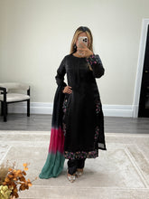 Load image into Gallery viewer, Black silk suit with embroidered sequin work and silk tye dye duppata and silk trouser