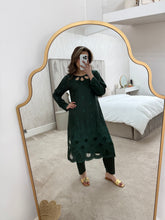 Load image into Gallery viewer, Dhanak Coord set with cutwork and embroidery and matching trouser. Green.