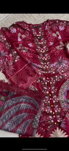 Maria B inspired embroidered lawn suit maroon floral with chiffon duppata