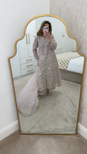 Load image into Gallery viewer, Light lilac / grey organza suit with embellishment and embroidery with duppata and trouser. Asian party wear suit.