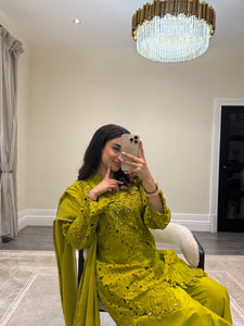 Croatia suit with embellishments and trouser. Chiffon duppata. South Asian party wear suits