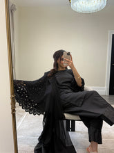 Load image into Gallery viewer, Crochet sleeve shirt with farshi shalwar and silk duppata with pearl finishing throughout