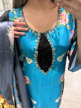 Load image into Gallery viewer, Silk 3 piece suit lulusar inspired with handwork on neckline. Kameez suit.