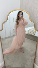 Load image into Gallery viewer, Korean raw silk suit with emrboidery and lace details. Organza duppata. Party wear. Eid collection.