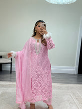 Load image into Gallery viewer, Lace net pearl embellished suit with trouser with chiffon duppata.