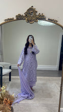 Load image into Gallery viewer, Lilac Lace net pearl embellished suit with trouser with chiffon duppata.