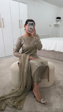 Load image into Gallery viewer, Sparkle Golden chiffon suit with embroidered chiffon duppata and trouser. Party wear. Eid collection.