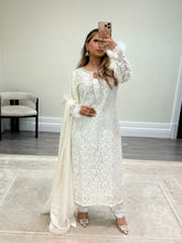 Load image into Gallery viewer, Lace net pearl embellished suit with trouser with chiffon duppata.