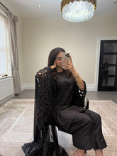 Load image into Gallery viewer, Crochet sleeve shirt with farshi shalwar and silk duppata with pearl finishing throughout