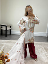 Load image into Gallery viewer, Ethnic inspired silk suit with full sequin embroidery. Wide leg trouser. Khadi net duppata. Fully embroidered party wear Asian suit.