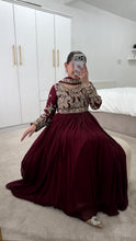 Load image into Gallery viewer, Chiffon frock style suit with sari draped duppata and hand embellishments and silk trouser. Eid collection. Party wear.
