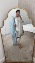 Load image into Gallery viewer, Blue and white Embroidered silk suit with embroidered organza duppata and trouser. And Matching purse Party wear. Eid collection.