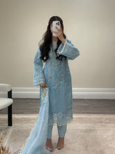 Load image into Gallery viewer, Ice blue Organza embellished suit with stonework. Organza duppata and silk trouser.