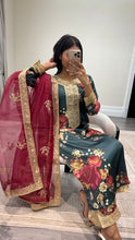 Load image into Gallery viewer, silk green floral embroidered 3 piece suit with khadi net duppata