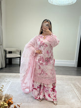 Load image into Gallery viewer, Pink floral embroidered suit with organza duppata and wide leg silk trouser. Eid collection. Party wear.