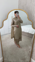 Load image into Gallery viewer, Sparkle Golden chiffon suit with embroidered chiffon duppata and trouser. Party wear. Eid collection.