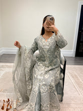 Load image into Gallery viewer, Light lilac / grey organza suit with embellishment and embroidery with duppata and trouser. Asian party wear suit.