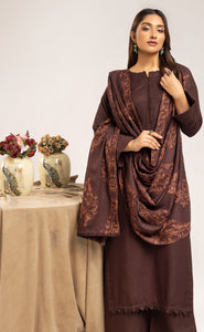 Dhanak embroidered shawl 3 piece suit Brown