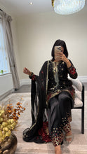 Load image into Gallery viewer, Black/ white chiffon embroidered suit with sequin embroidery and embellishments. Chiffon duppata. Eid and party wear.