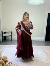 Load image into Gallery viewer, Chiffon frock style suit with sari draped duppata and hand embellishments and silk trouser. Eid collection. Party wear.