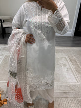 Load image into Gallery viewer, White embroidered shirt with floral print organza duppata and silk trouser