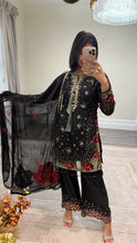 Load image into Gallery viewer, Black/ white chiffon embroidered suit with sequin embroidery and embellishments. Chiffon duppata. Eid and party wear.