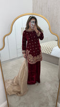 Load image into Gallery viewer, Red velvet embroidered suit with mirror work and wid leg trouser and organza duppata. Eid collection party wear