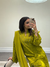 Load image into Gallery viewer, Croatia suit with embellishments and trouser. Chiffon duppata. South Asian party wear suits