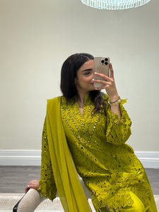 Croatia suit with embellishments and trouser. Chiffon duppata. South Asian party wear suits