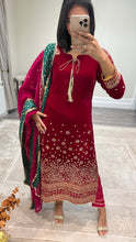 Load image into Gallery viewer, Sparkle red velvet embroidered suit with silk trouser and chiffon duppata