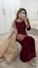 Load image into Gallery viewer, Red velvet embroidered suit with mirror work and wid leg trouser and organza duppata. Eid collection party wear