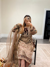 Load image into Gallery viewer, Mauve Organza embellished suit with stonework. Cotton net duppata and cotton silk trouser.