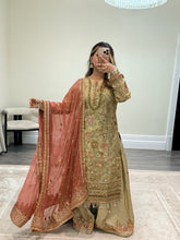 Load image into Gallery viewer, DEFECTIVE Baroque inspired golden chiffon embroidered suit with sharara with chiffon duppata. (Copy)