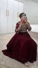 Load image into Gallery viewer, Chiffon frock style suit with sari draped duppata and hand embellishments and silk trouser. Eid collection. Party wear.