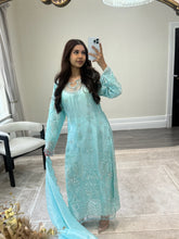 Load image into Gallery viewer, Cutdana grey/blue suit with embroidered cotton net duppata and trouser. Party wear. Eid collection.