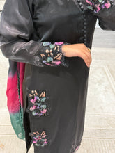 Load image into Gallery viewer, Black silk suit with embroidered sequin work and silk tye dye duppata and silk trouser