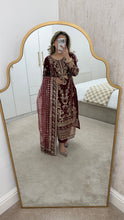 Load image into Gallery viewer, Maroon embroidered suit with full embellishment detailing and organza embroidered duppata. Crepe trouser. Eid collection and party wear