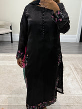Load image into Gallery viewer, Black silk suit with embroidered sequin work and silk tye dye duppata and silk trouser
