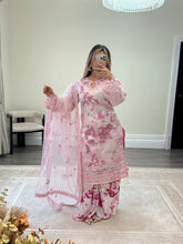 Load image into Gallery viewer, Pink floral embroidered suit with organza duppata and wide leg silk trouser. Eid collection. Party wear.