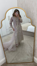Load image into Gallery viewer, Light lilac / grey organza suit with embellishment and embroidery with duppata and trouser. Asian party wear suit.