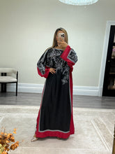 Load image into Gallery viewer, Black and pink  kaftan style long shirt with khadi net duppata and wide leg trouser