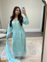 Load image into Gallery viewer, Cutdana grey/blue suit with embroidered cotton net duppata and trouser. Party wear. Eid collection.
