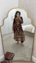 Load image into Gallery viewer, Maroon embroidered suit with full embellishment detailing and organza embroidered duppata. Crepe trouser. Eid collection and party wear