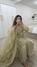 Load image into Gallery viewer, Olive / Teal/ white baroque inspired organza suit with embellishment and embroidery with organza duppata and trouser. Asian party wear suit.