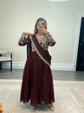 Load image into Gallery viewer, Chiffon frock style suit with sari draped duppata and hand embellishments and silk trouser. Eid collection. Party wear.