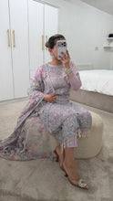 Load image into Gallery viewer, Defective Lilac / silver cotton net embroidered suit with cotton net duppata and crepe trouser (Copy)