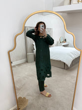 Load image into Gallery viewer, Dhanak Coord set with cutwork and embroidery and matching trouser. Green.